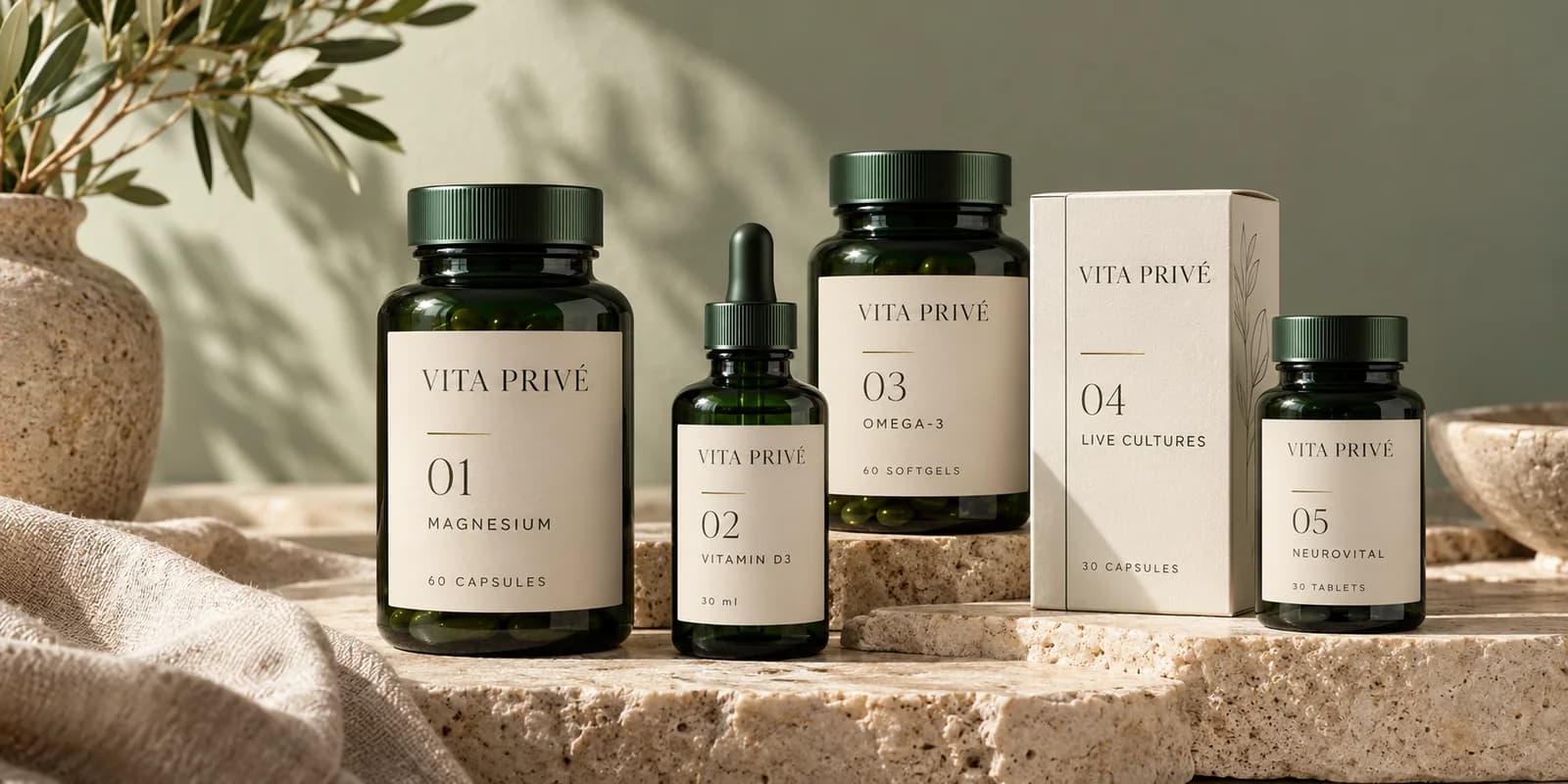 The five Vita Privé collection concepts together: Magnesium, Vitamin D3, Omega-3, Live Cultures and NeuroVital