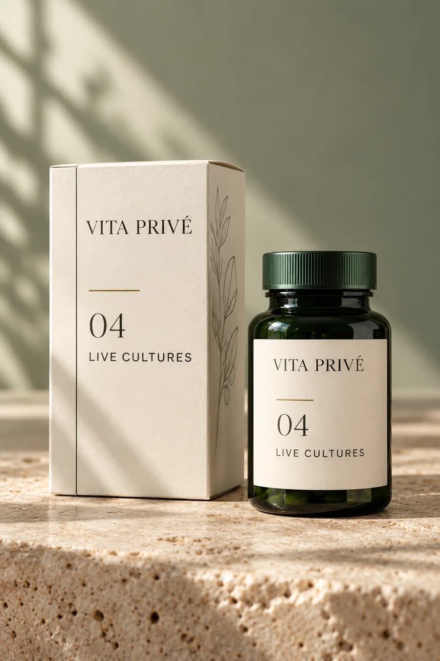 Vita Privé Live Cultures concept with an ivory botanical carton and green bottle