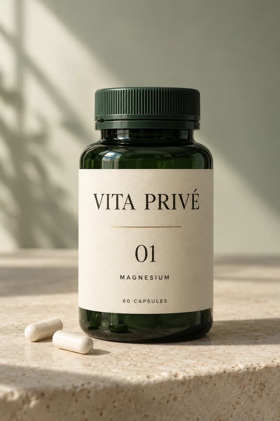 Vita Privé Magnesium concept in a forest-green bottle with an ivory label