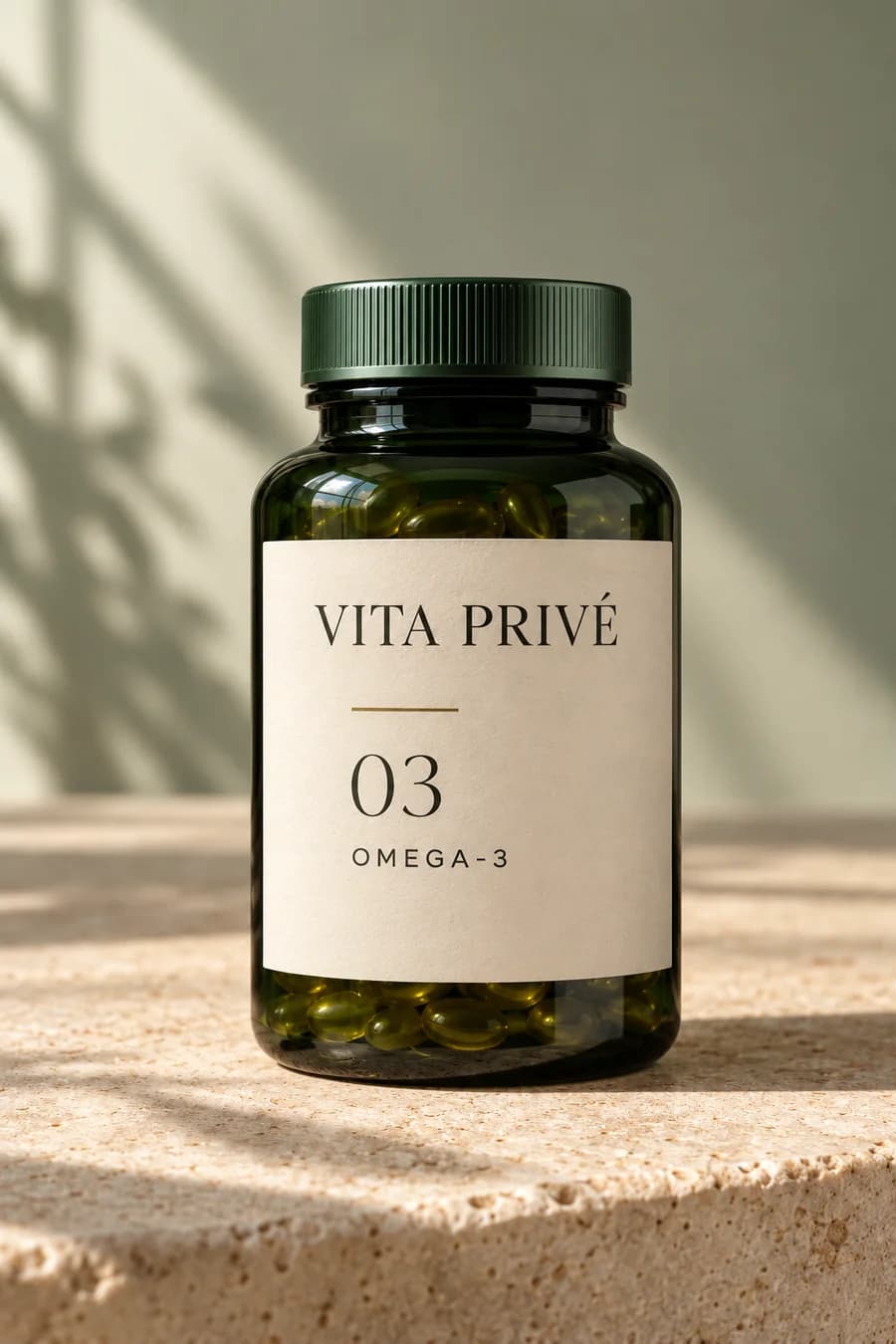Vita Privé Omega-3 concept in a sealed forest-green bottle on warm stone