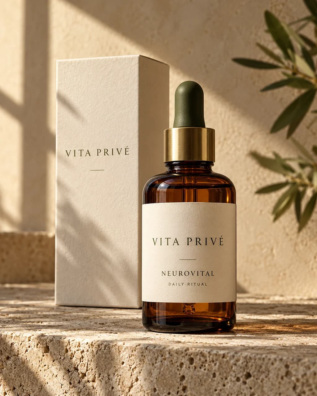 Vita Privé NeuroVital packaging concept: amber bottle with an ivory label and carton in warm sunlight