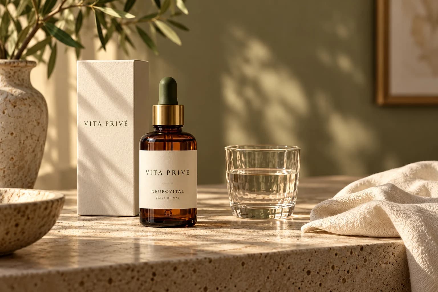 Vita Privé bottle and packaging concept beside water and linen on a travertine surface