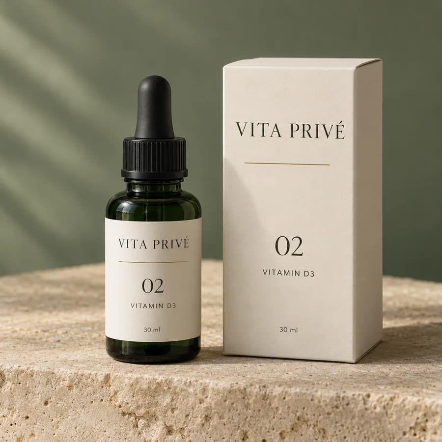 Vita Privé Vitamin D3 concept with a green pipette bottle and ivory carton